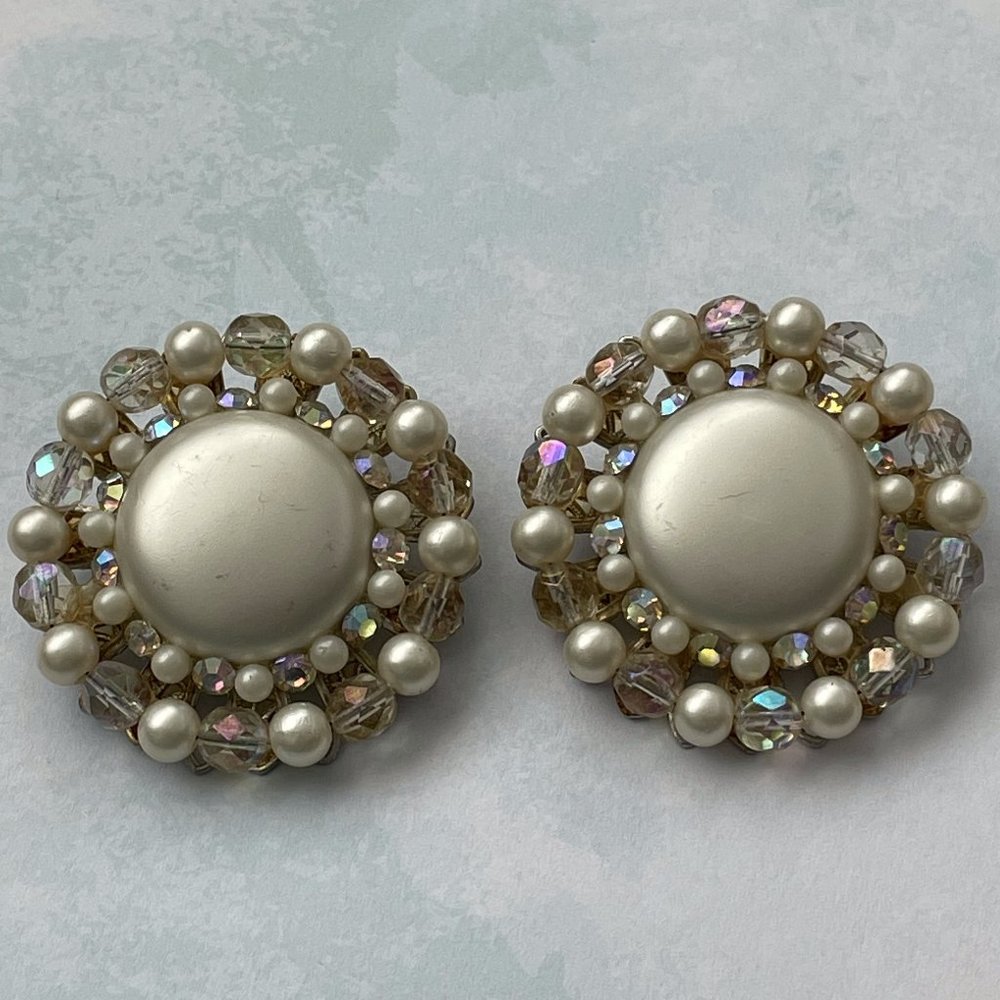Vintage Faux Pearl AB White Beaded Button Round Clip On Earrings 1 ½” dia
